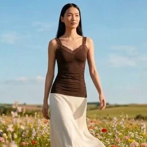 Y2K BABY DOLL LACE TANK CHOCOLATE BROWN RUCHED RIBBED CAMISOLE TANK COQUETTE